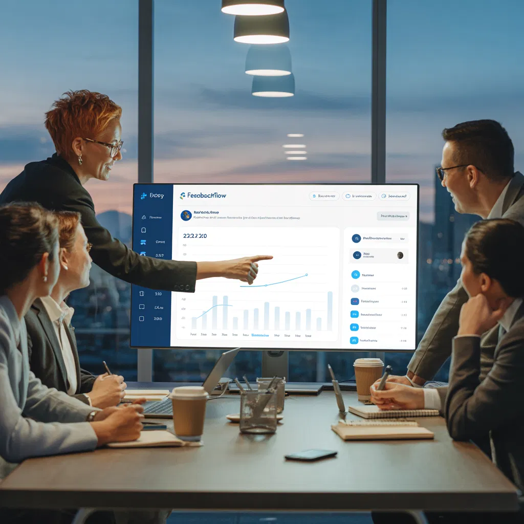 A business team reviews digital growth metrics on a smart dashboard in a modern office. Focus is on actionable feedback analytics and reputation management, representing how Doorways Into Your Business empowers local companies with real-time data, practical insights, and tailored digital solutions for smarter decision-making.