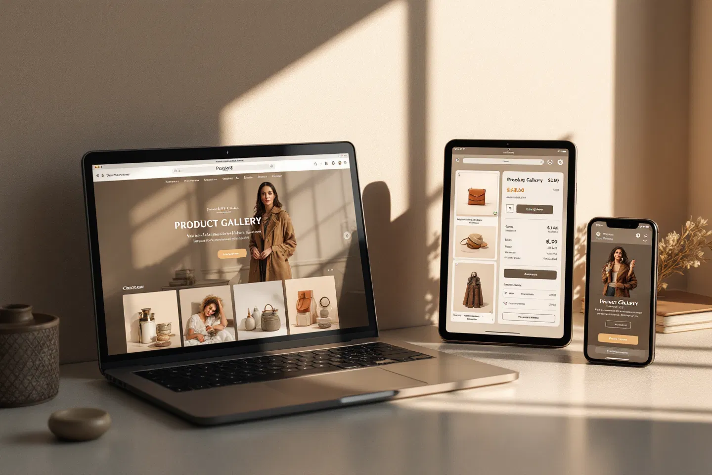 Modern product gallery and online shop displayed on a laptop, tablet, and smartphone, demonstrating seamless e-commerce across devices. Perfect for illustrating simple online store solutions and mobile payment options for small businesses in Kingsville and Windsor-Essex, enabling local sellers to reach more customers anywhere, anytime.