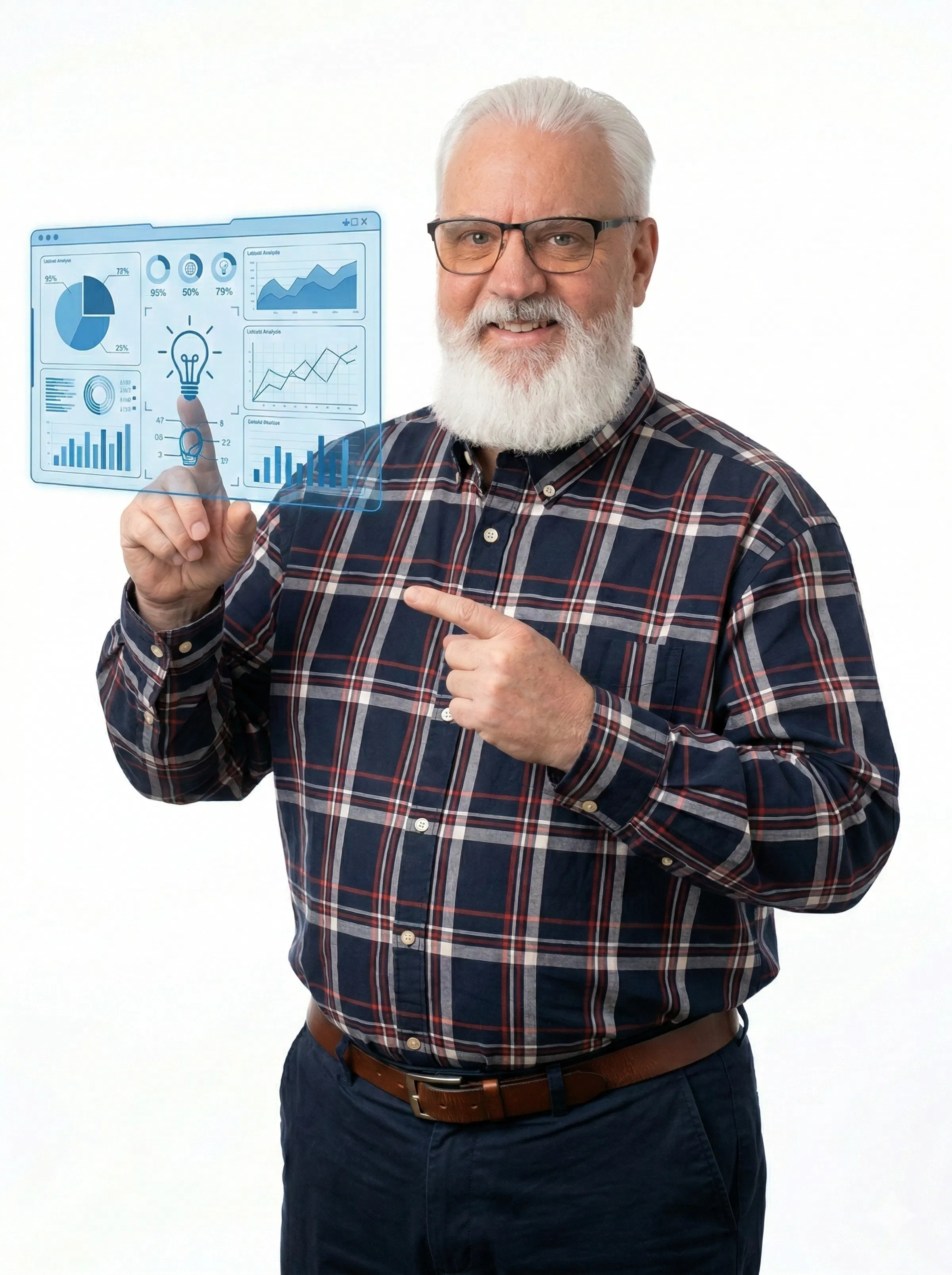 Owner Paul Hughes interacts with a transparent digital analytics dashboard displaying charts, graphs, and a lightbulb icon, representing data-driven growth strategies and digital solutions for small business owners.