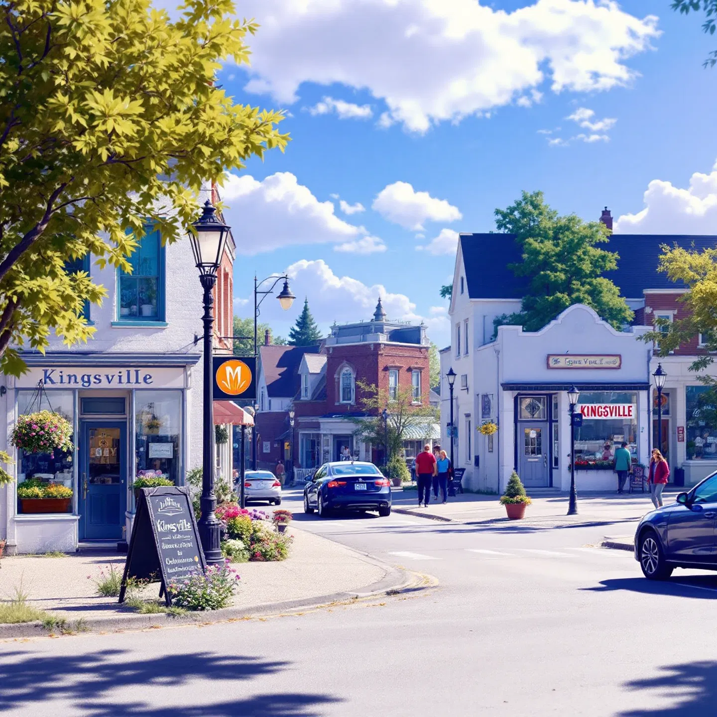 A bustling intersection in downtown Kingsville, Ontario, representing the local business community in the Windsor-Essex region.