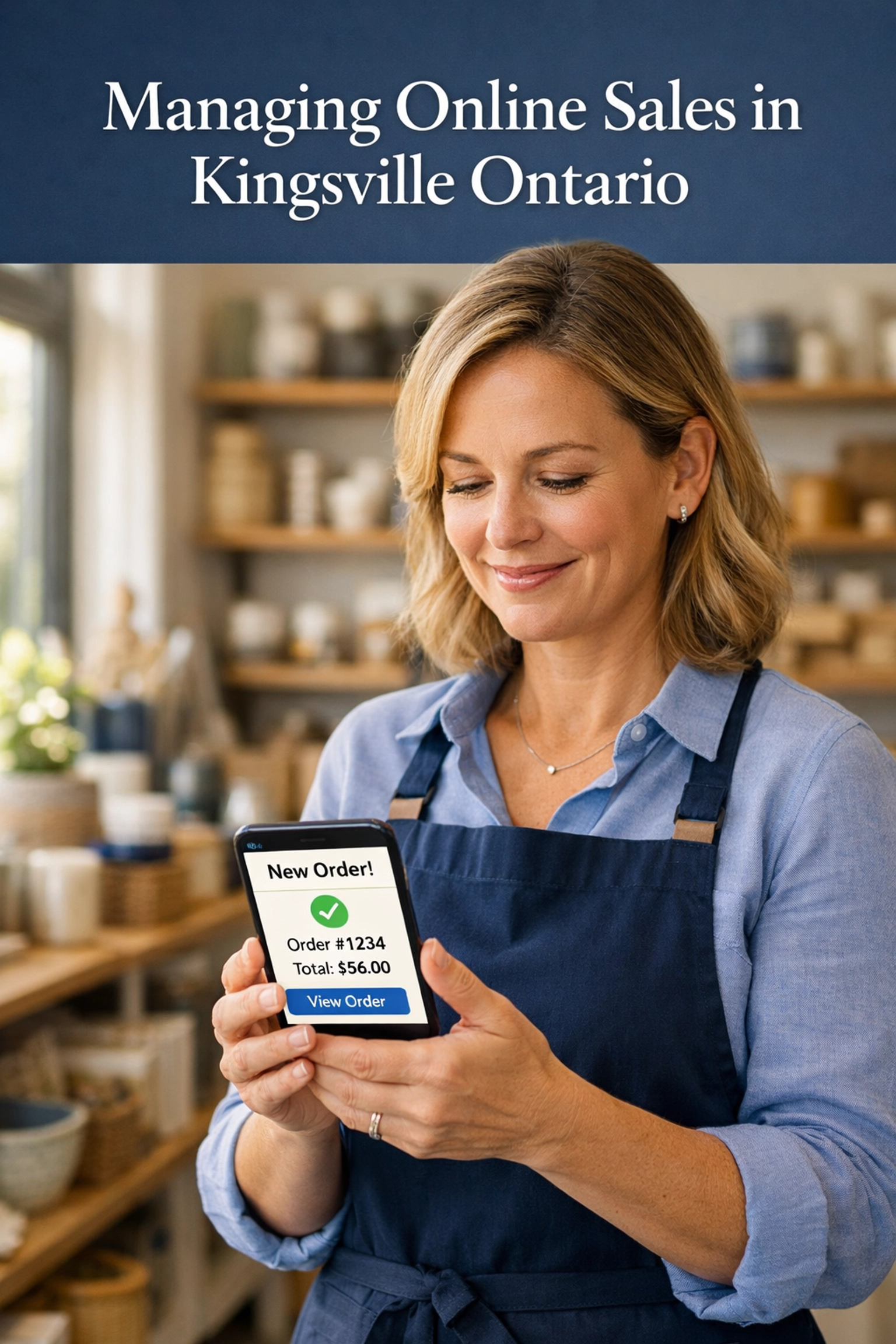 Small business owner in Kingsville, Ontario managing online orders on a smartphone with a clean digital interface.