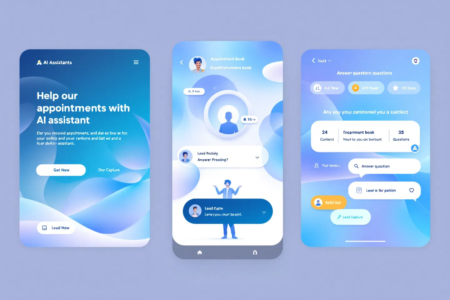 Three mobile UI screens demonstrating an AI-powered assistant for managing appointments and capturing leads