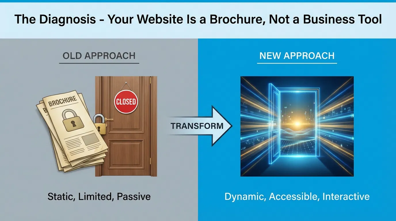 Visual comparison of an outdated, static website versus a modern, digital, interactive website