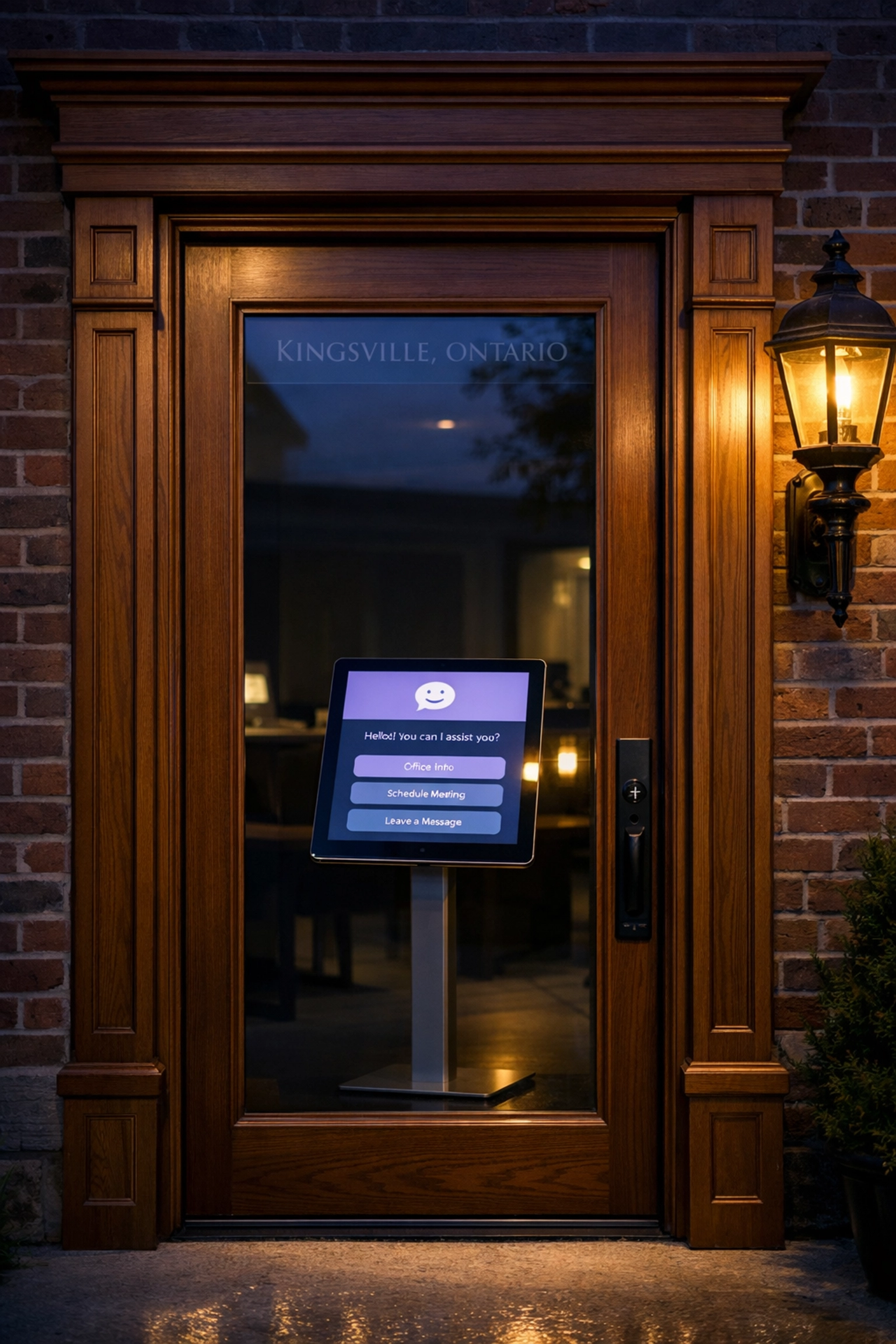 An illuminated Smart Digital Doorway in a Kingsville, Ontario office window helping customers after business hours.