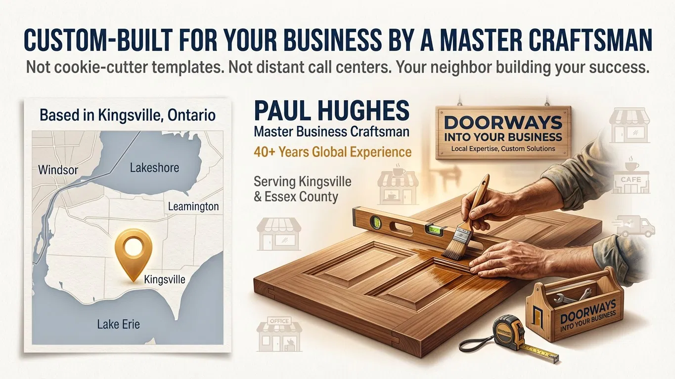 Branded Doorways Into Your Business materials showcasing custom solutions for small businesses in Kingsville and Windsor-Essex County.