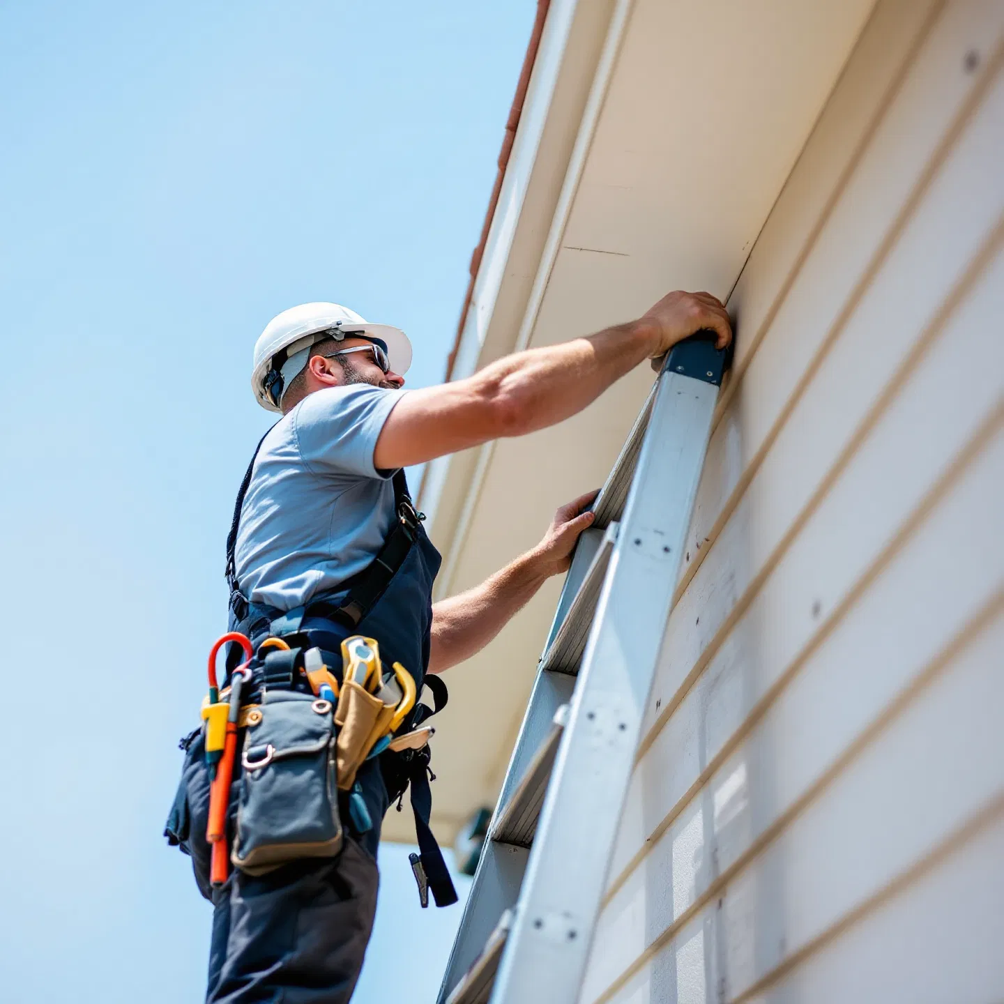 Professional tradesperson on a ladder at a local business site