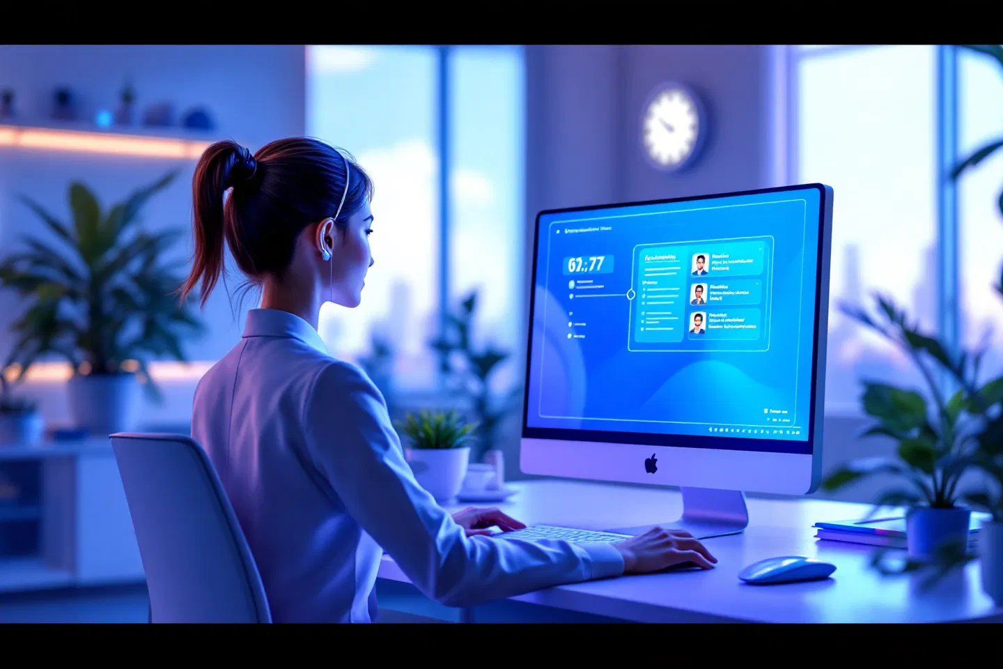Business professional managing customer communications in a modern office