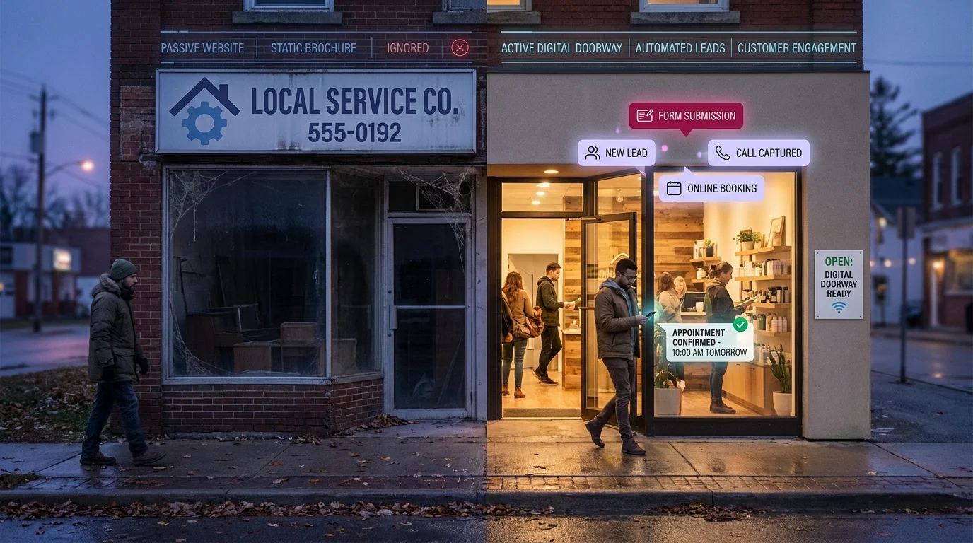 Split storefront comparing a neglected passive website with an active digital doorway generating leads, bookings, and customer engagement